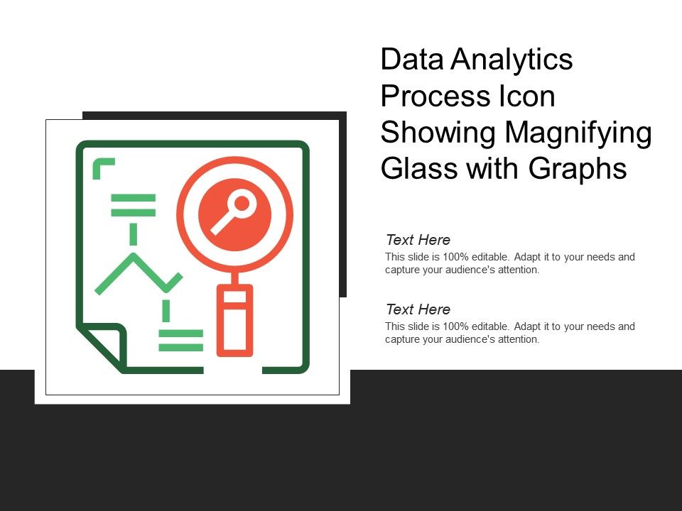 Data analytics process icon showing magnifying glass with graphs
