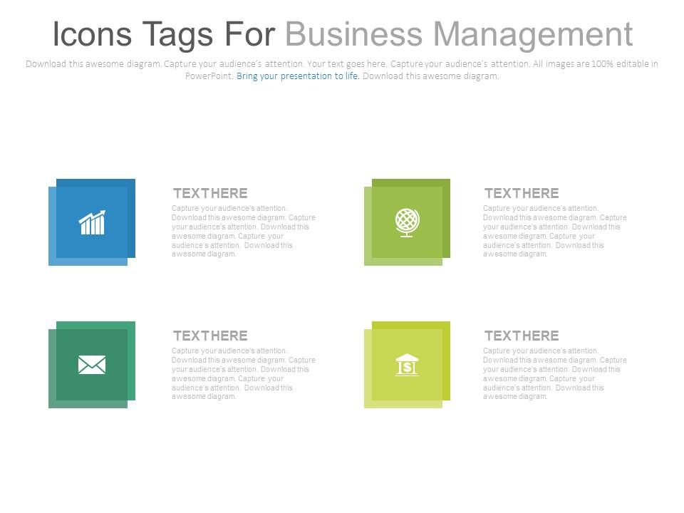 Four icons tags for business management powerpoint slide