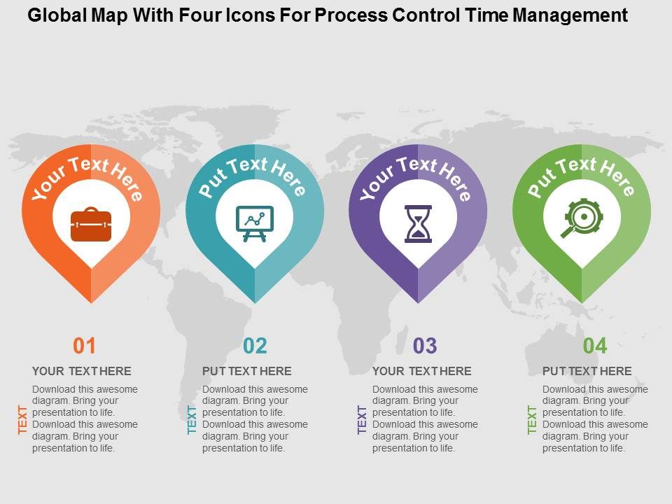 Global map with four icons for process control time management flat powerpoint design