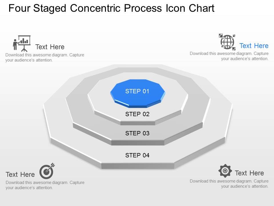 Md four staged concentric process icon chart powerpoint template slide