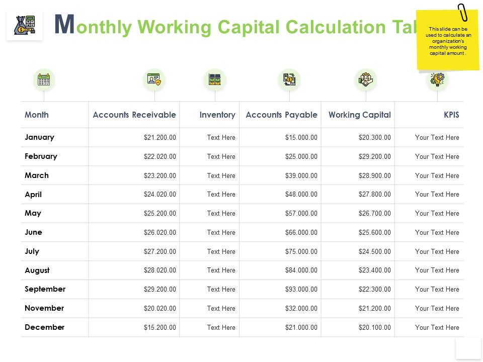 Monthly working capital calculation table month ppt powerpoint presentation icon