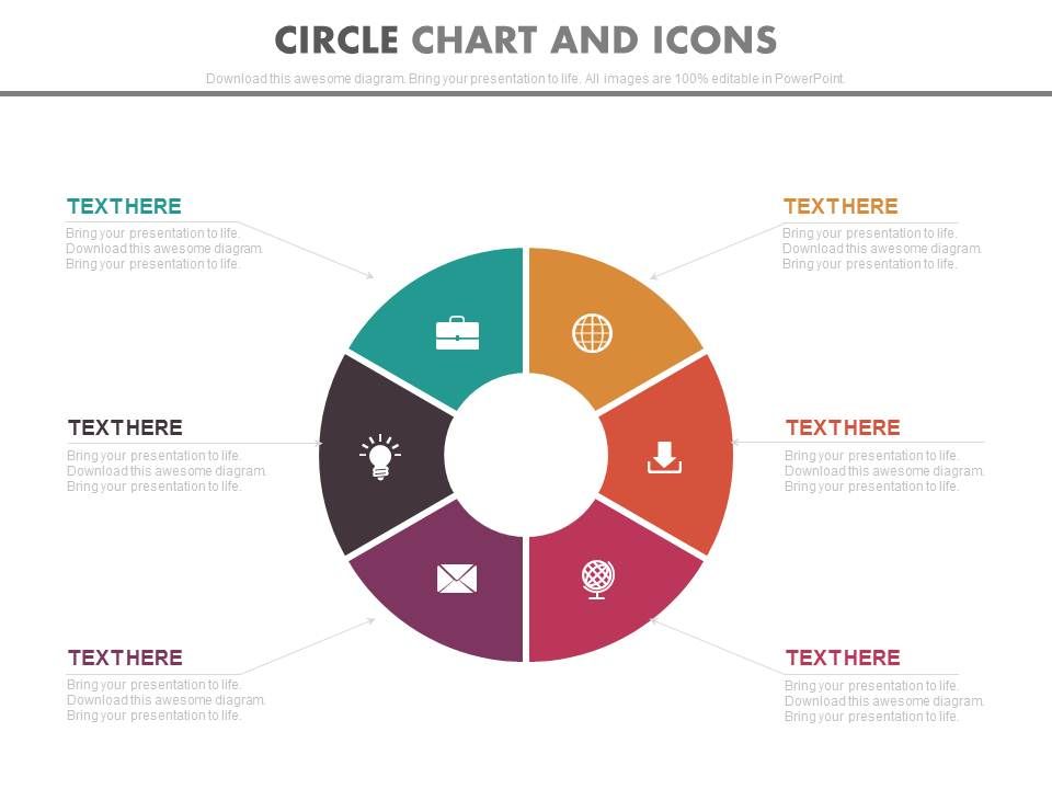 New six staged circle chart and icons for global business strategy flat powerpoint design