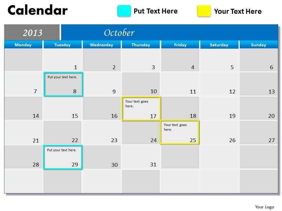 October 2013 calendar powerpoint slides ppt templates