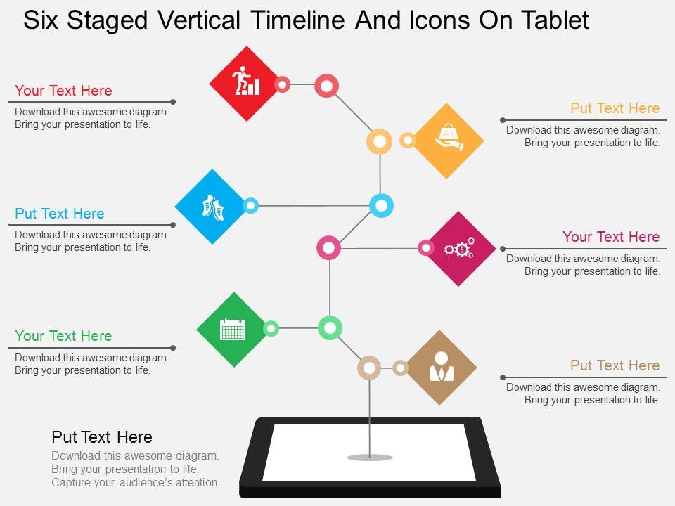 Pg six staged vertical timeline and icons on tablet flat powerpoint design