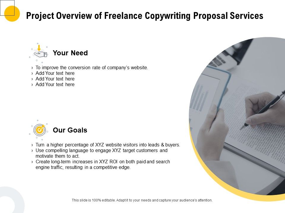 Project overview of freelance copywriting proposal services ppt icons
