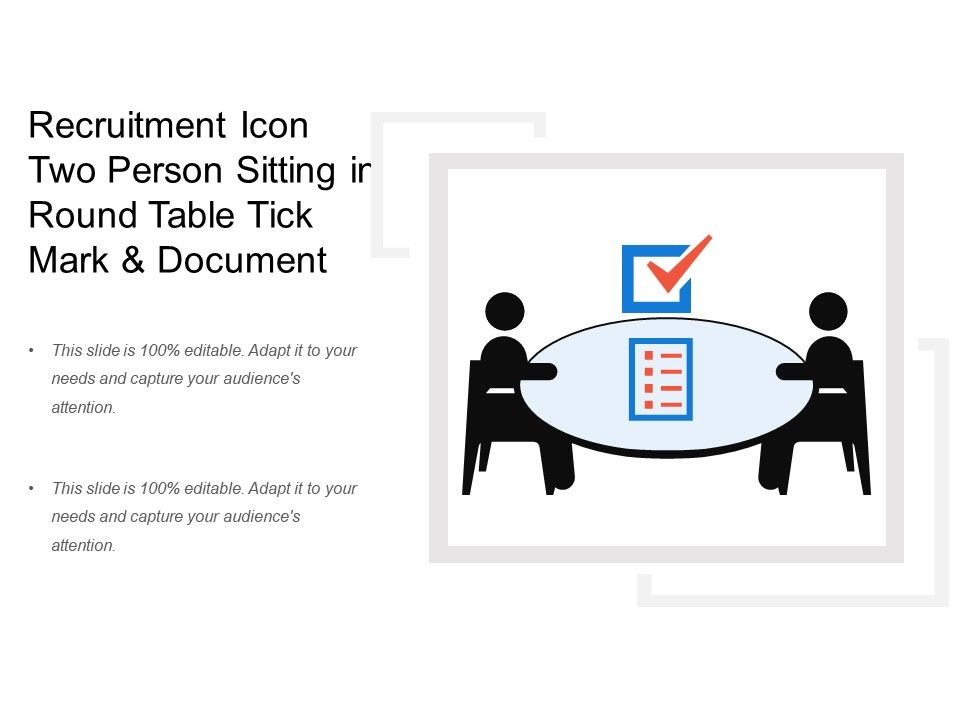 Recruitment icon two person sitting in round table tick mark and document
