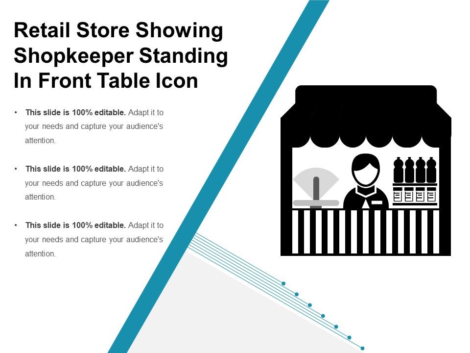 Retail store showing shopkeeper standing in front table icon