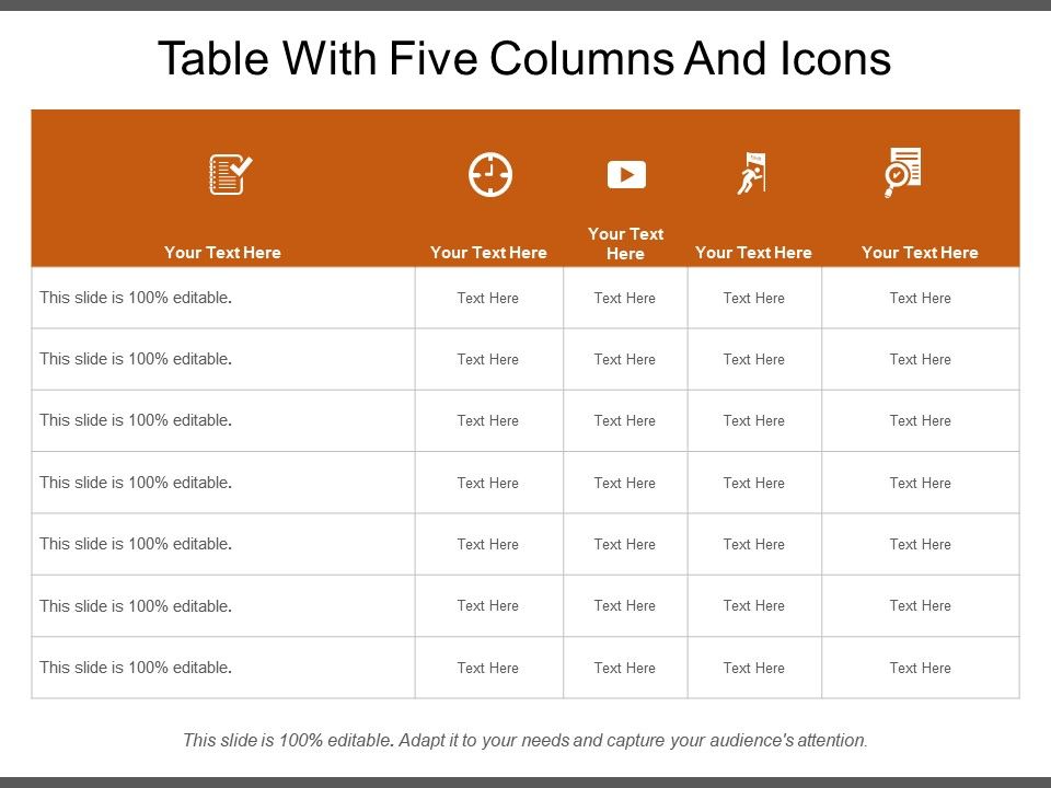 Table with five columns and icons