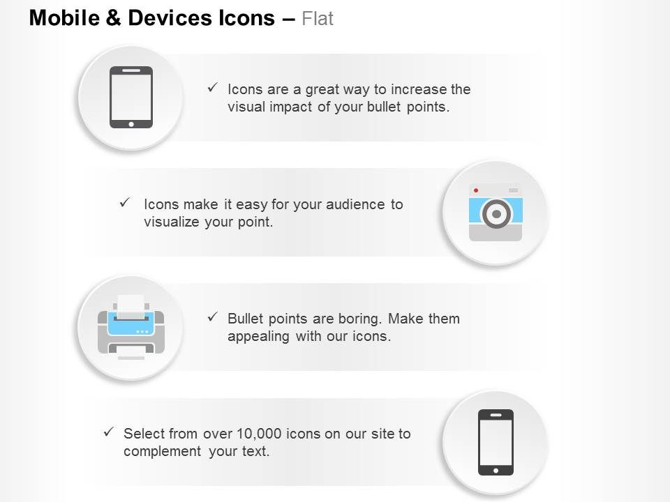 Tablet camera printer mobile communication ppt icons graphics