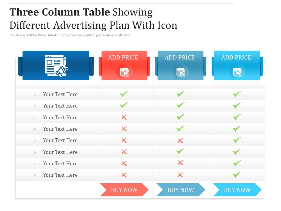 Three column table showing different advertising plan with icon