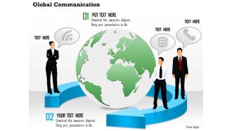 0814 global communication with globe in the middle and customers with mobile devices ppt slides