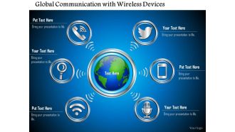 0814 global communication with wireless devices connected to the cloud shown by the globe ppt slides