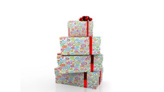 0914 heap of gifts of dots colored design red ribbon graphic stock photo