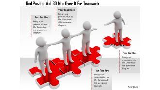 1114 red puzzles and 3d men over it for teamwork ppt graphics icons