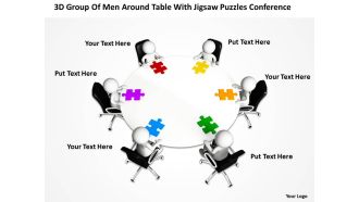 3d group of men around table with jigsaw puzzles conference ppt graphic icon