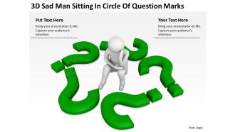 3d sad man sitting in circle of question marks ppt graphics icons powerpoint