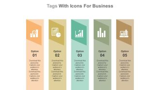 App five staged tags with icons for business result analysis flat powerpoint design