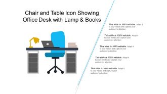 Chair and table icon showing office desk with lamp and books