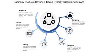 Company products revenue timing synergy diagram with icons