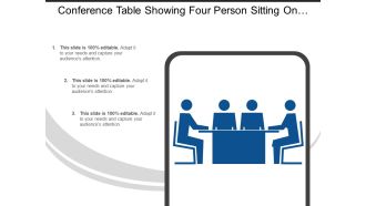 Conference table showing four person sitting on chair and discuss icon