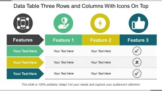 Data table three rows and columns with icons on top