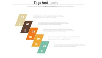 Download five staged colored tags and icons business process flow flat powerpoint design