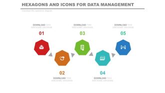 Download five staged hexagons and icons for data management flat powerpoint design