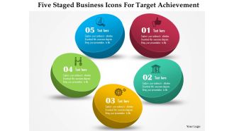 Five staged business icons for target achievement powerpoint template