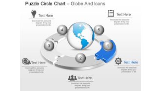 Five staged puzzle circle chart globe and icons ppt presentation slides