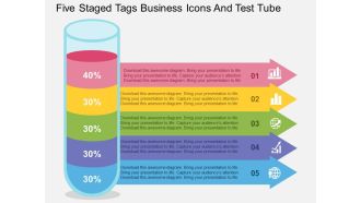 Five staged tags business icons and test tube flat powerpoint design