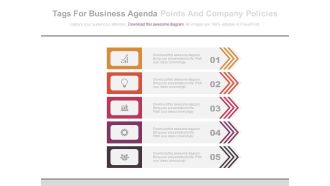 Five tags for business agenda points and company policies powerpoint slides