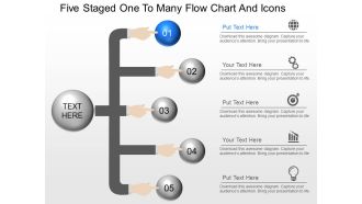 Fn five staged one to many flow chart and icons powerpoint template
