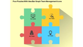 Four puzzles with idea bar graph team management icons flat powerpoint design