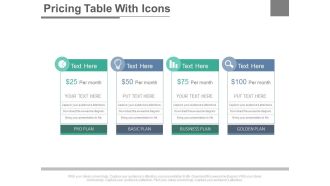 Four staged pricing table with icons powerpoint slides