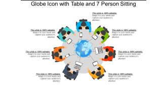 Globe icon with table and 7 person sitting