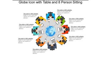 Globe icon with table and 8 person sitting
