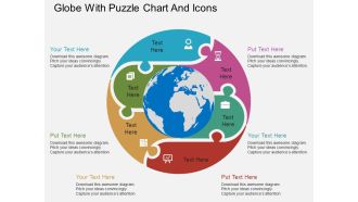 Globe with puzzle chart and icons ppt presentation slides