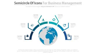 Globe with semicircle of icons for business management powerpoint slides