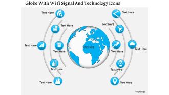 Globe with wi fi signal and technology icons ppt presentation slides