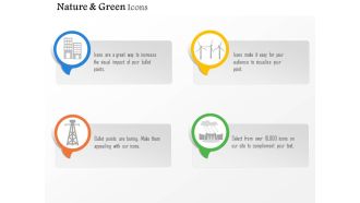 Green energy icons with windmill towers and building editable icons