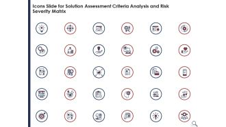 Icons slide for solution assessment criteria analysis and risk severity matrix