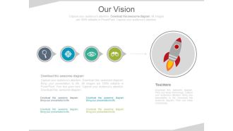 Linear flow diagram with rocket and business icons for business vision powerpoint slides