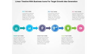Linear timeline with business icons for target growth idea generation flat powerpoint design