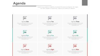 Nine staged business agenda strategy diagram powerpoint slides