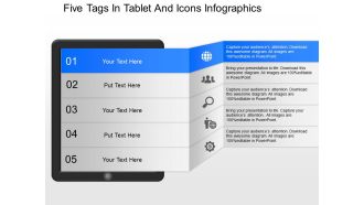 Oc five tags in tablet and icons infographics powerpoint template