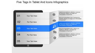 Oc five tags in tablet and icons infographics powerpoint template