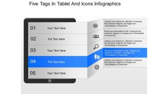 Oc five tags in tablet and icons infographics powerpoint template