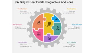 Pc six staged gear puzzle infographics and icons flat powerpoint design