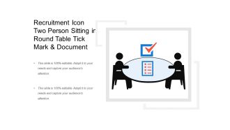 Recruitment icon two person sitting in round table tick mark and document