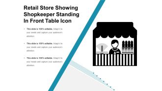 Retail store showing shopkeeper standing in front table icon